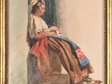 an image of a painting of a woman sitting on a ledge