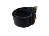 a black leather belt with a brass buckle on a white background
