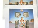 four pictures of a woman sitting on a bed