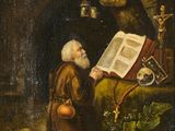 un tableau représentant un vieil homme en train de lire un livre dans une grotte