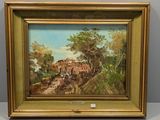 an image of a painting of a village on a hill by a river