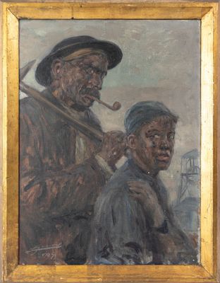 une peinture à l'huile représentant deux hommes debout l'un à côté de l'autre