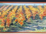 an oil painting of a field of yellow and red flowers