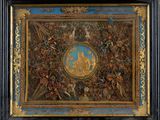 une peinture richement décorée représentant un homme et une femme sur un fond floral