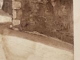 drawing of a man walking down a street past a stone wall