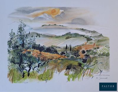 peinture représentant un paysage avec des collines et des arbres au loin