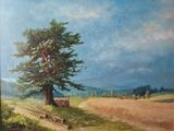 une peinture à l'huile représentant un arbre dans un champ, avec le ciel en arrière-plan