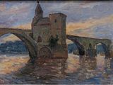 peinture représentant un tableau d'un pont enjambant une rivière, avec un château en arrière-plan