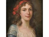 un tableau représentant une femme avec un nœud rouge dans les cheveux