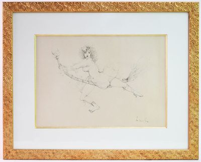 framed drawing of a woman with a bird in her hand
