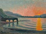painting of a sunset over a body of water with a bridge in the foreground