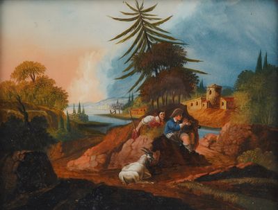 tableau représentant un homme et une femme assis sur un rocher avec un chien, au bord d'un lac