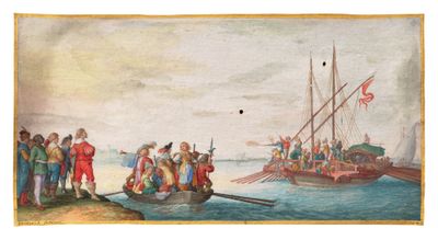 a painting of a group of people on a boat in a body of water