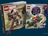 a box of legos with a picture of a man riding a motorcycle