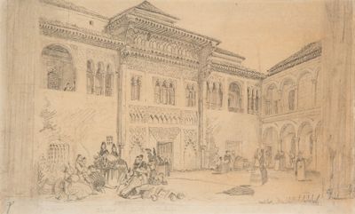 an old drawing of a building with people outside of it