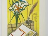 a drawing of a vase of flowers on a table