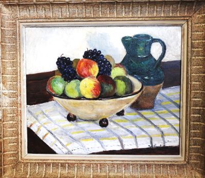 a painting of a bowl of fruit on a table