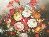 a painting of flowers in a vase on a table
