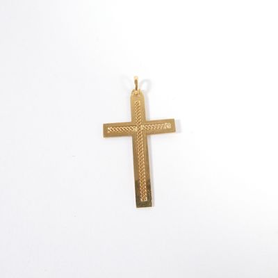 croix plaquée or sur fond blanc, avec une perle sur le pourtour