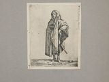 an old drawing of a man in a robe holding a dog