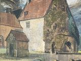 a picture of a painting of a man working on a farm