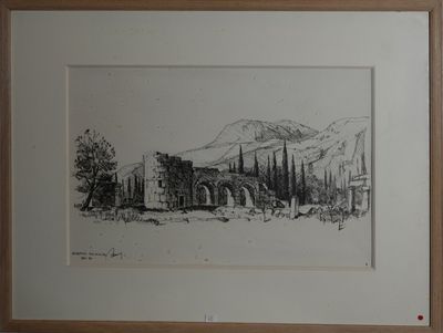 dessin représentant un paysage avec un pont et une montagne en arrière-plan