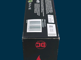 a black box with a red logo on it