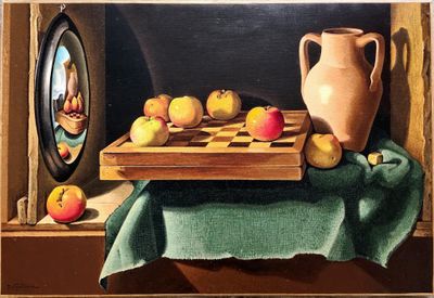 un tableau représentant des pommes et un vase posés sur une table