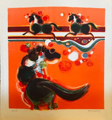 une image représentant un tableau où figurent deux chevaux et une femme à cheval