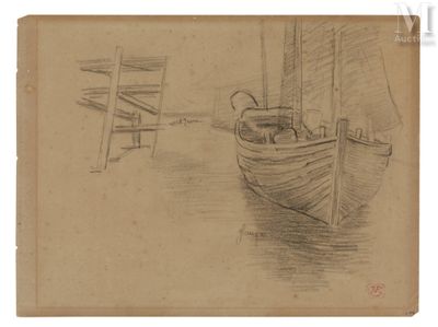 dessin représentant un bateau sur un plan d'eau, avec une échelle en arrière-plan