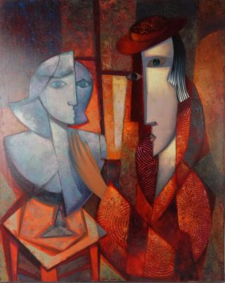 une image représentant un tableau où l'on voit un homme et une femme assis sur une chaise