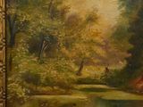 an oil painting of a wooded scene with a pond and trees
