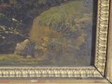 a picture of a painting of a man and a dog on a hill