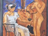 painting of two women sitting at a table in front of a window