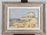 painting of a beach scene with a house and a beach umbrella
