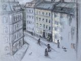 dessin représentant des personnes marchant dans une rue d'une ville aux grands immeubles