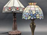 pair of stained glass table lamps on bronze bases