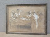 painting of a group of people sitting around a man in a bed
