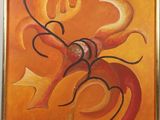 painting of an orange and yellow abstract painting with swirly shapes