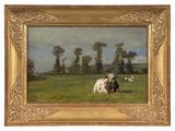 painting of two cows in a field with trees in the background