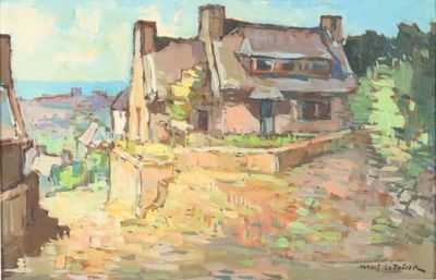 an oil painting of a house on a hill with a view of the ocean