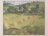 an oil painting of a farm scene with cows grazing in a field