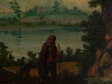 an image of a painting of a man with a horse in a wooded area