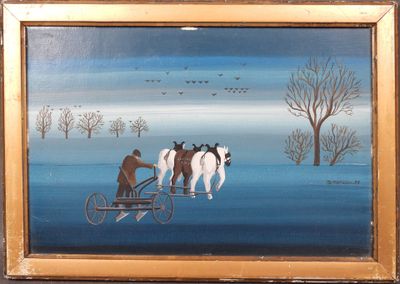 un tableau représentant des chevaux tirant une calèche dans laquelle se trouve un homme