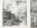 trois dessins en noir et blanc représentant une ville et une rivière