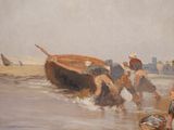 a painting of a group of people on the beach