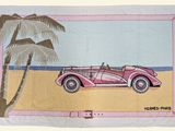 serviette de plage ornée d'une voiture rose et d'un palmier