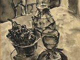 tableau représentant une nature morte : une table avec un vase et une corbeille de fruits