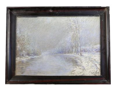 a painting of a snowy landscape with trees and a river