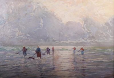 une peinture représentant un groupe de personnes sur la plage